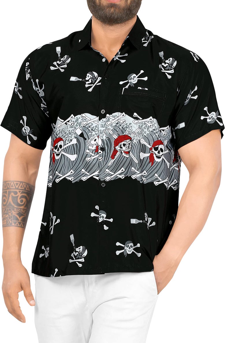 LA LEELA Men's Halloween Hawaiian Short Sleeve Button Up Beach Caribbean Shirt Fashion Pirate Cruise Shirts for Men XXL Skull Crossbones Black - Image 1